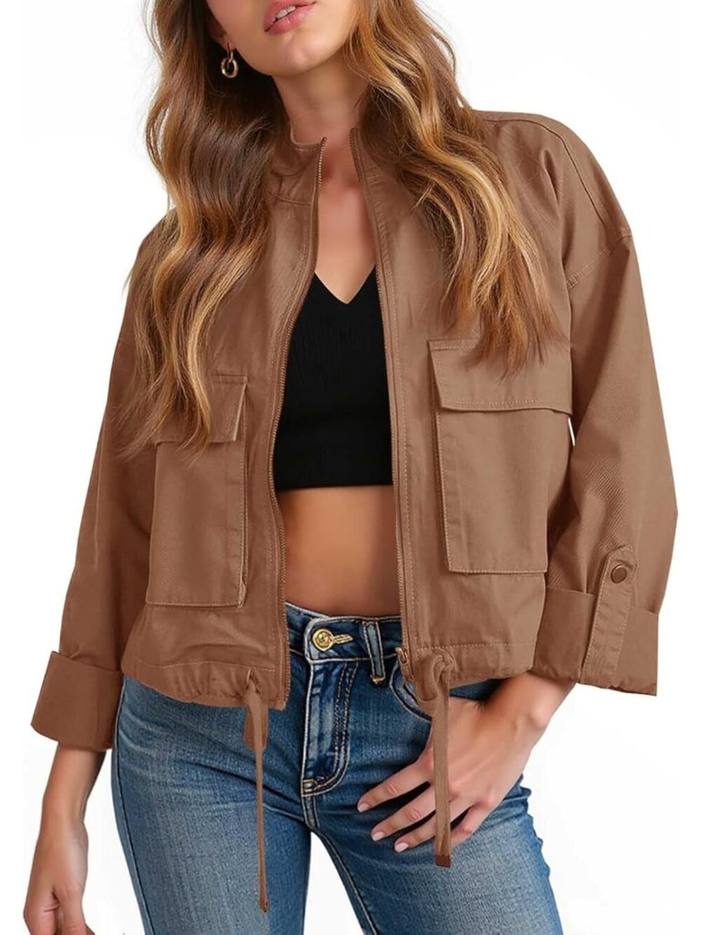 Women's Brown Mock Neck Flap Pockets Long Sleeve Zip Up Anorak Cropped Jackets